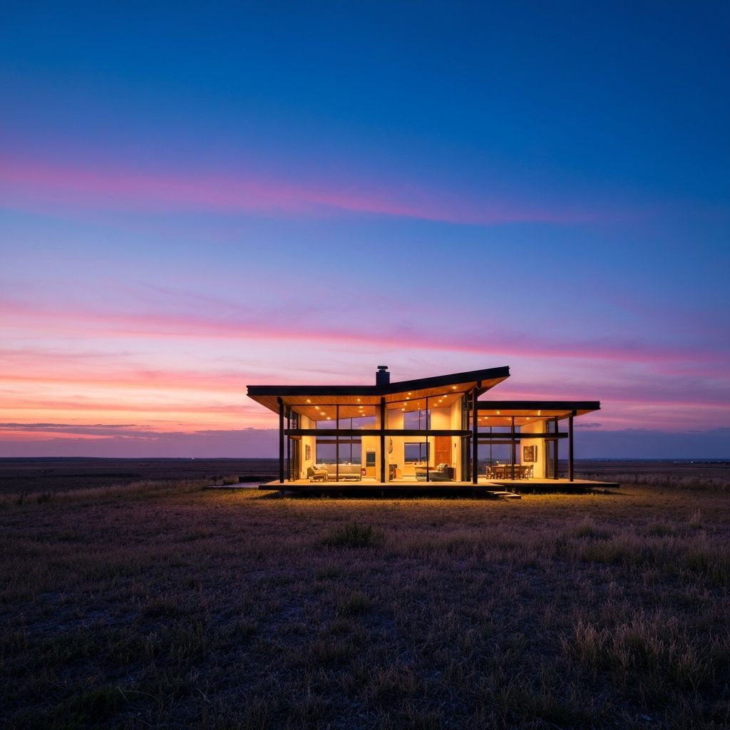 Contemporary custom home at dusk, Bow River valley, Calgary