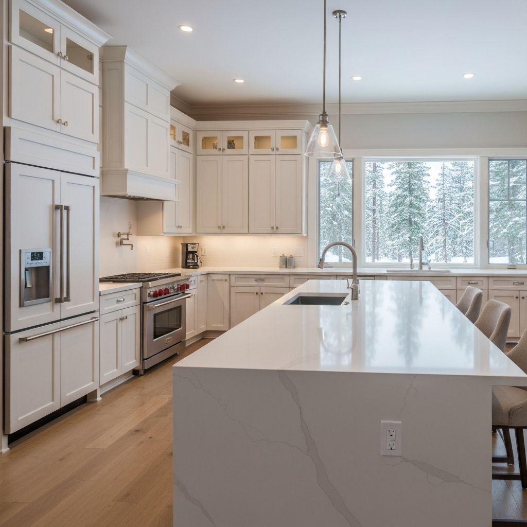 Luxury chef's kitchen with views of an Alberta pine forest